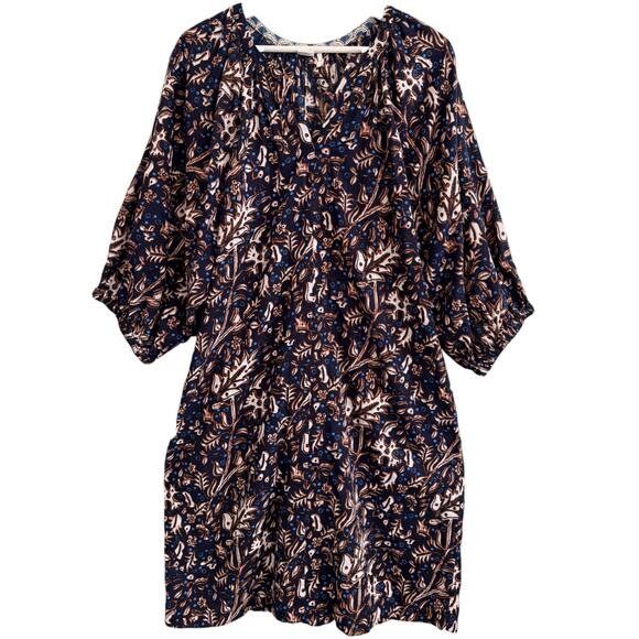 TOAST Dress Floral Leaf Print Cotton Relaxed 3/4 Puff Sleeve w/ Pockets Medium - Picture 2 of 8